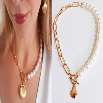 欧美跨境饰品 流行珍珠合金扇贝项饰女颈链 简约百搭气质项链