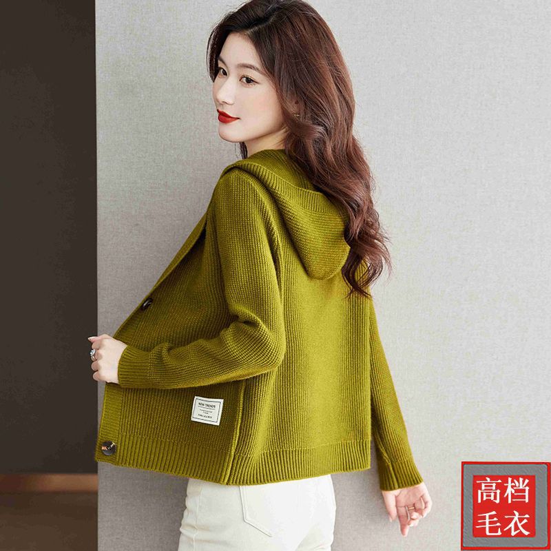 2024春秋连帽女卫衣羊毛开衫外套女气质妈妈针织衫外搭毛衣休闲款