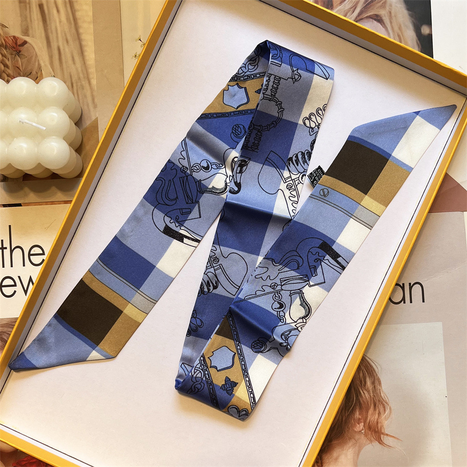 2024新款蓝色格子丝巾批发小丝巾绑包长条丝巾窄丝巾发带飘带印花