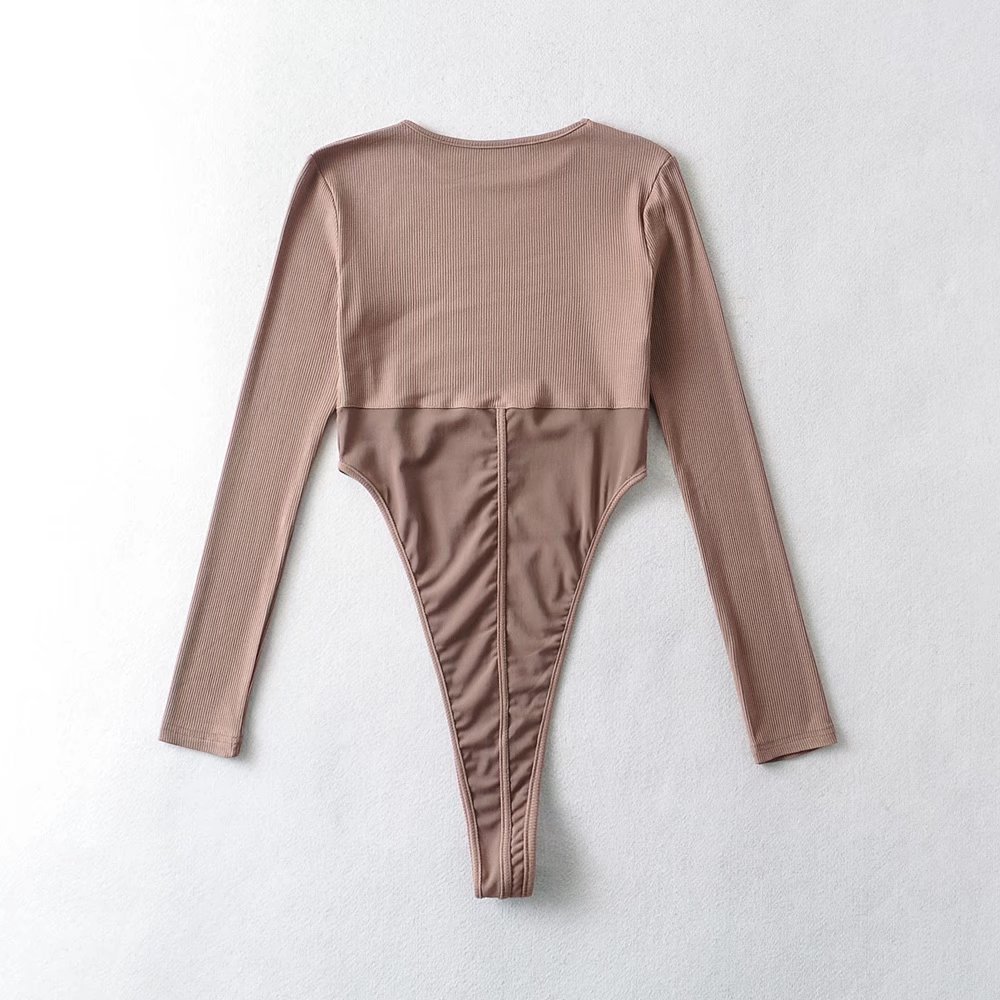 辣妹性感网纱连体衣欧美风女装新款透视拼接长袖开档连体裤