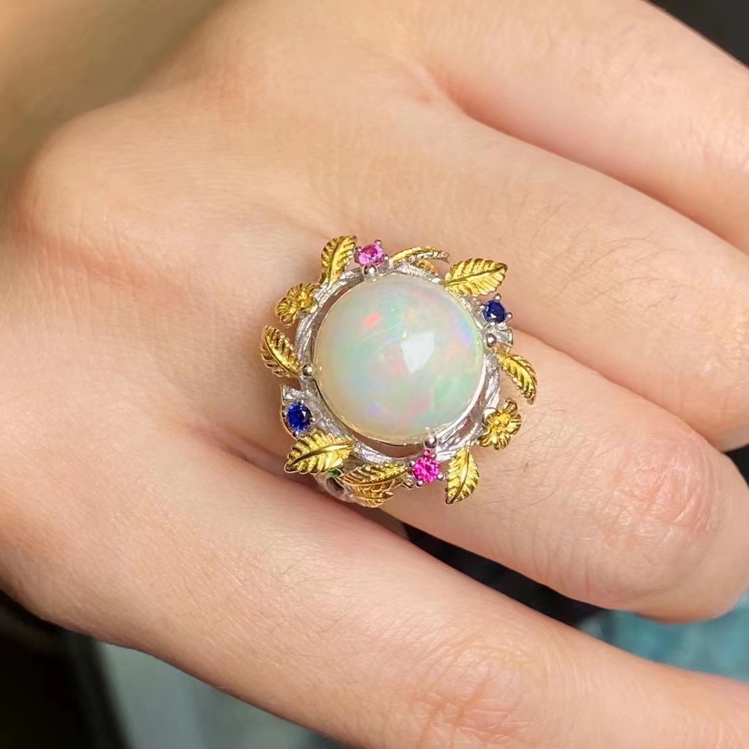 天然欧泊裸石澳宝裸石欧泊镶嵌s925银戒指火彩漂亮欧珀女款批发