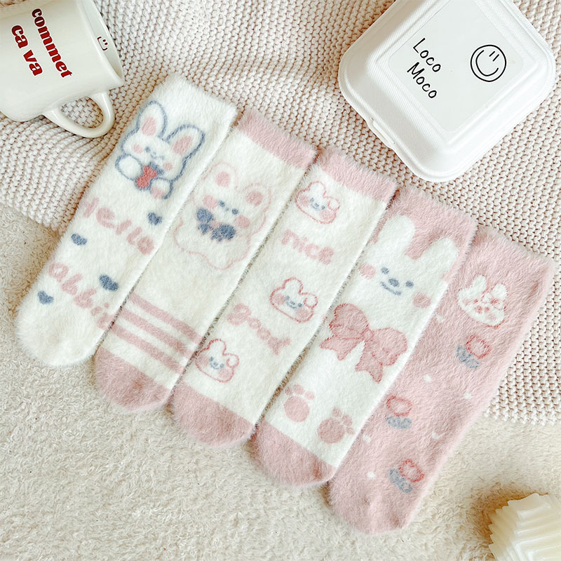 Faux Mink Socks Women‘s Winter Fleece-Lined Warm Home Sleep Socks Ins Japanese Cartoon Cute Furry Stockings