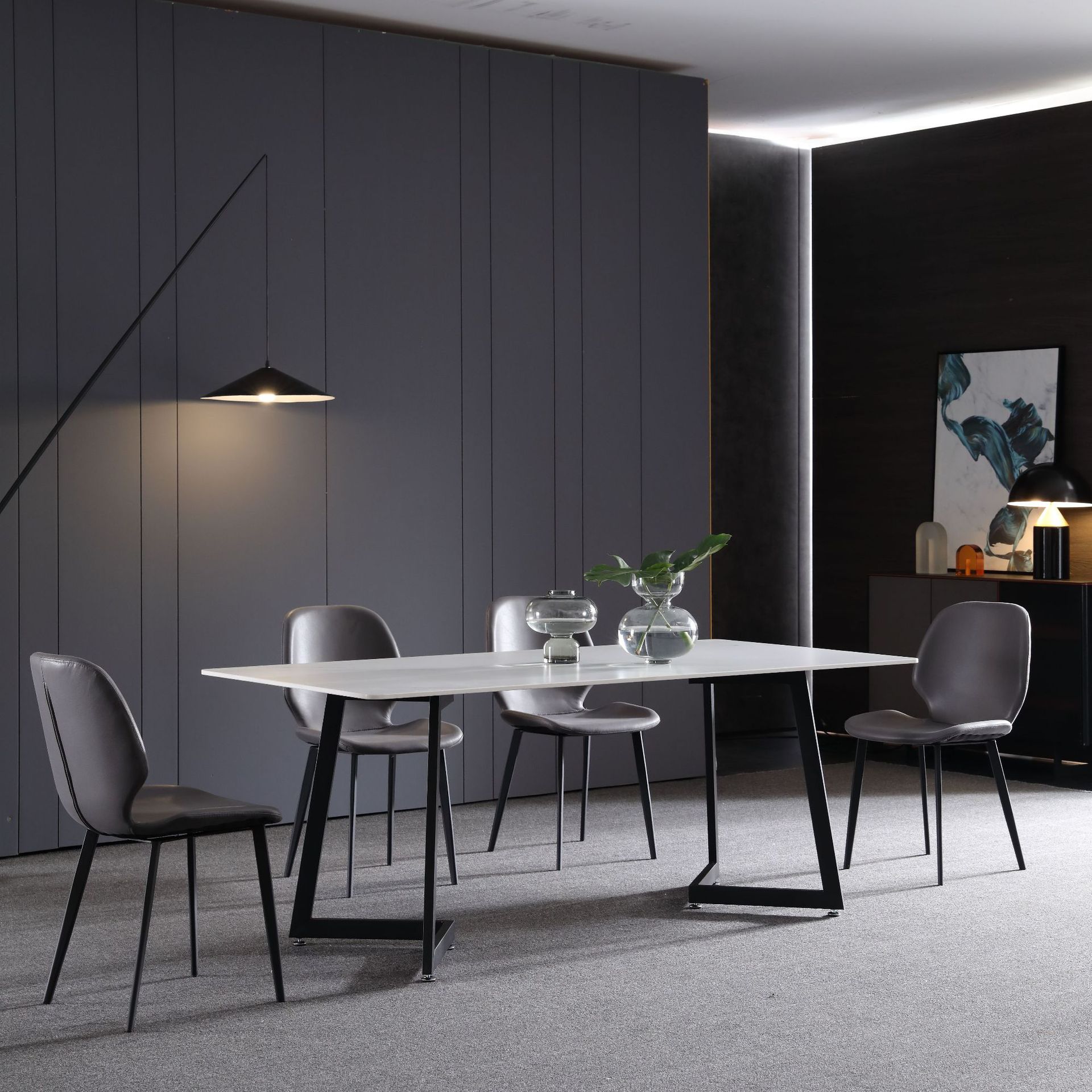 大理石花纹岩板餐桌铁艺不锈钢大v脚支架餐厅家用小户型餐桌餐椅