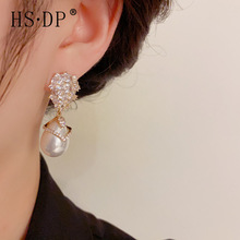 秋冬新款时尚白色珍珠锆石耳坠s925银针轻奢大气名媛风高级感耳环