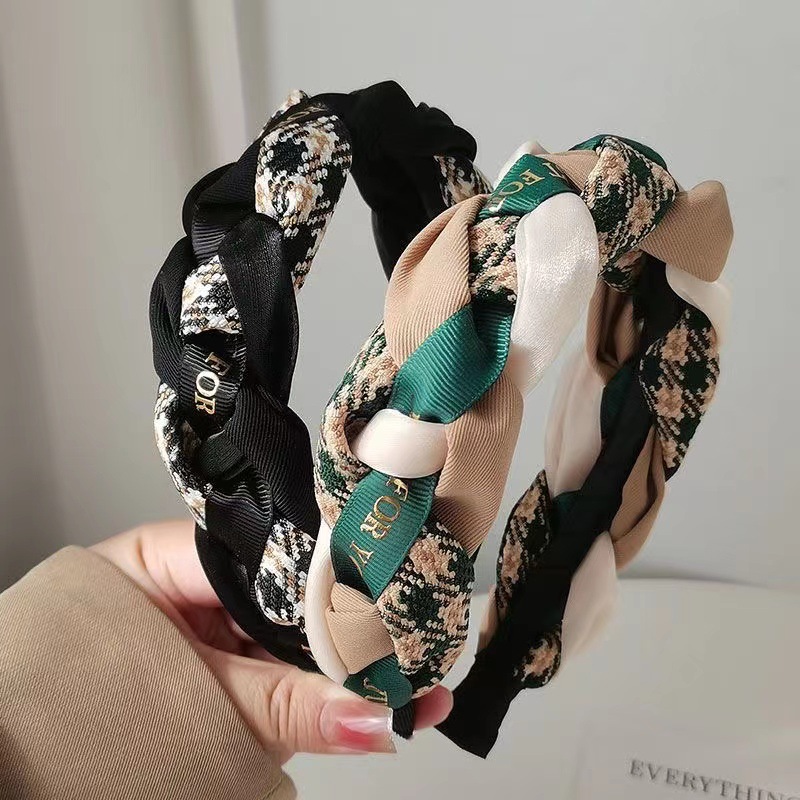 French Retro Houndstooth Letters Fabric Twist Hairband Decoration Female College Style High Skull Top Hair Band Hairpin