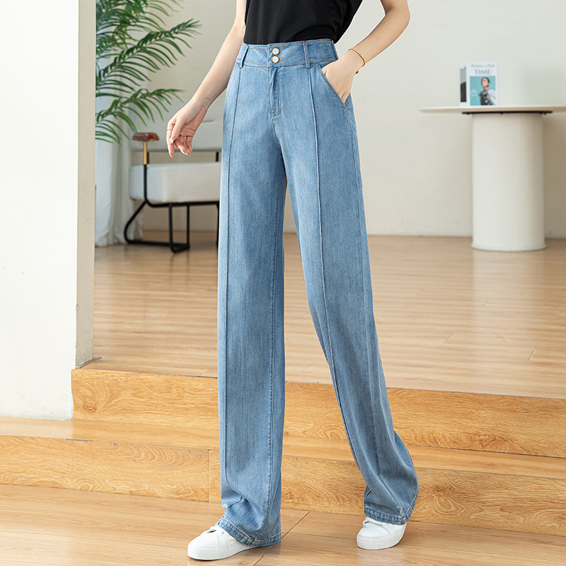 女裤夏季新款超薄柔软高腰显高显身材设计感百搭阔腿天丝牛仔裤女