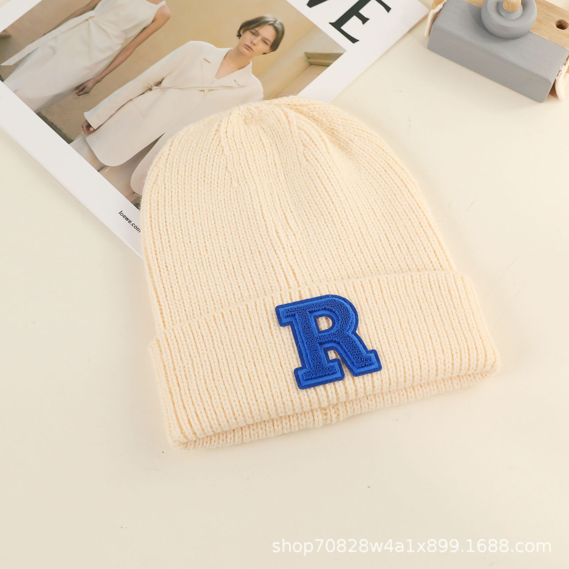Korean Style Letter R Standard Woolen Cap Men's and Women's Same Simple All-Matching Knitted Hat Cold Protection in Autumn and Winter Thermal Head Cover Warm