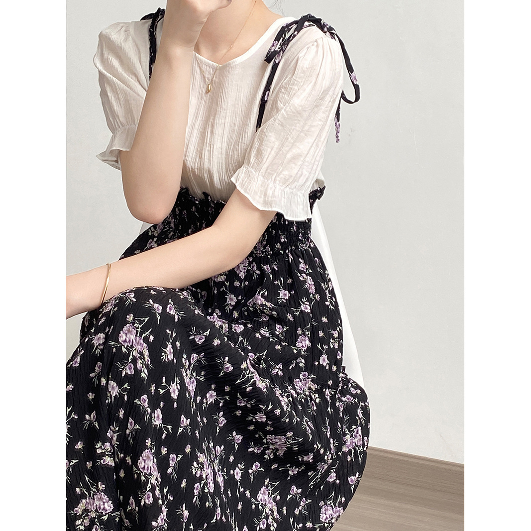 Yan Shuang French Floral Puff Sleeve Dress 2023 Summer New Loose False Two Pieces Mid-Length Skirt H8815
