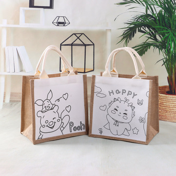 空白diy麻布手提袋创意手绘儿童卡通动漫趣味覆膜黄麻布袋子现货