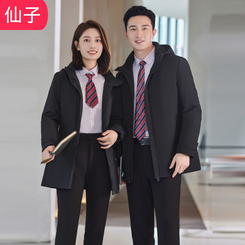 商务正装售楼部团体物业工作服可绣logo男女职业派克服冬连帽棉服