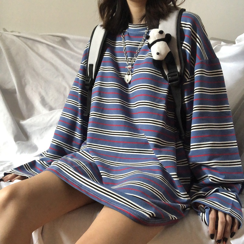 条纹长袖t恤女春秋2022年韩版宽松上衣日系ins网红显瘦百搭体恤潮