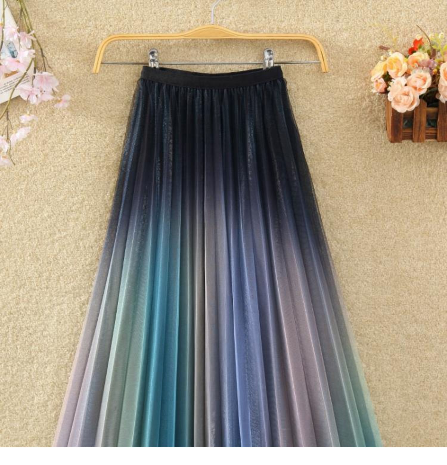 亮丝渐变色半身裙高腰显瘦彩色纱裙百褶裙中长款裙子网纱裙长裙女