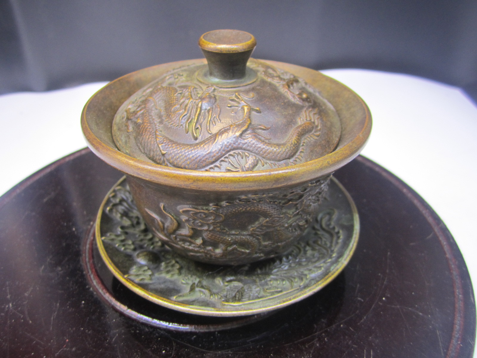 厂家批发古玩收藏纯铜茶杯龙凤铜茶碗盖碗家居摆件仿古铜