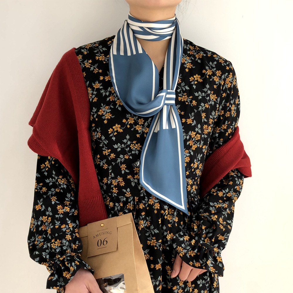 2021春夏细窄长条丝巾穿孔丝巾ins简约条纹仿真丝装饰搭配小围巾