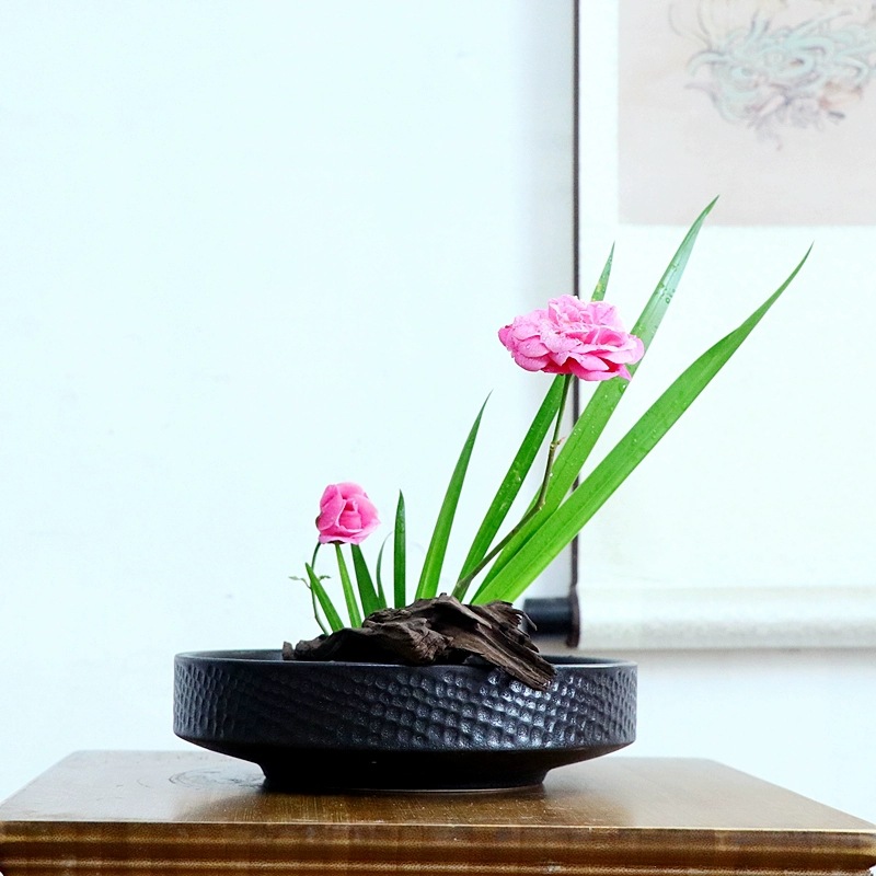 剑山插花器小原流禅意日式花道陶瓷插花器皿中式插花花盆底座花盘