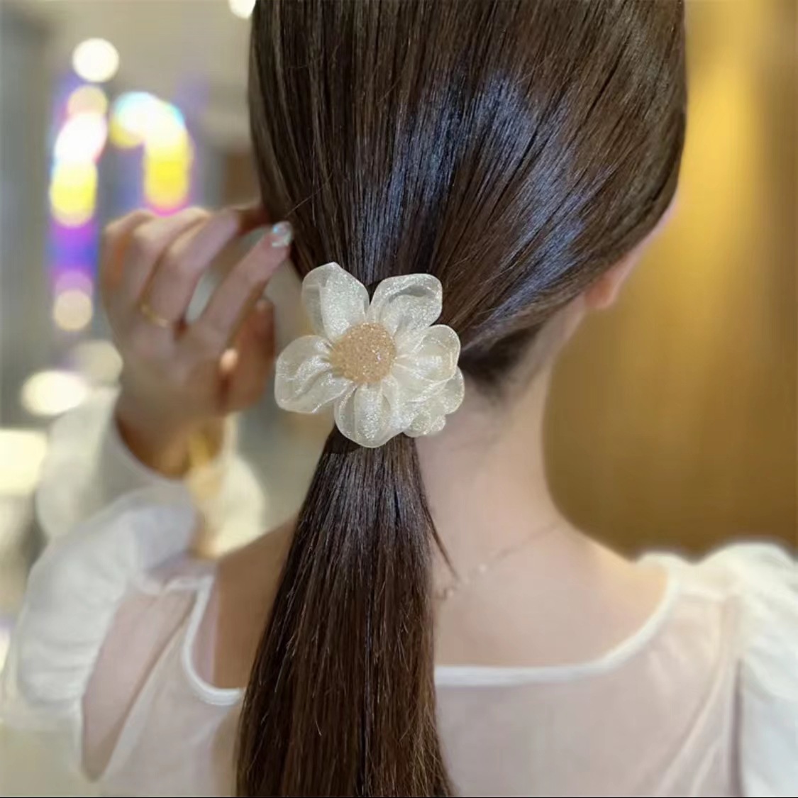 Korean Style New Shiny Mesh SUNFLOWER Large Intestine Ring Ponytail Hair String Tie up a Bun Hairstyle Hair Band Fashion All-Match Hair Accessories