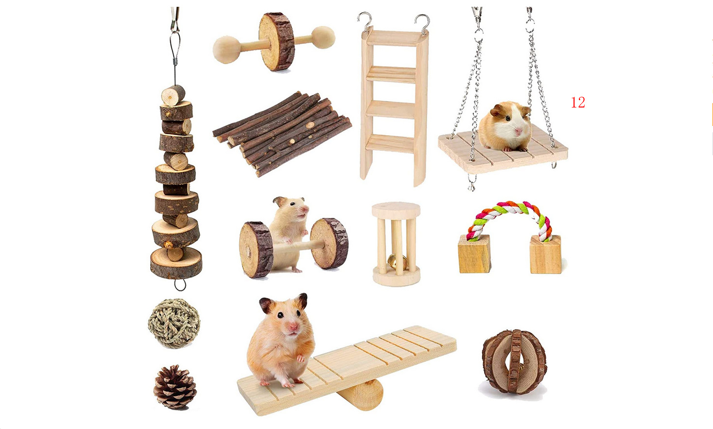 仓鼠玩具苹果木咬串跷跷板秋千爬梯12件套仓鼠跨境爆款组合玩具