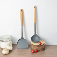 木柄硅胶厨具勺铲两件套 榉木柄汤勺锅铲不粘锅厨房炒菜烹饪用具