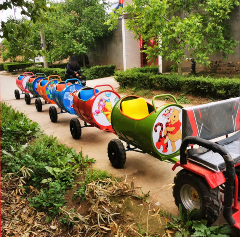 网红景区观光乐吧车儿童互动大型无轨道农场旅游单双排油桶小火车