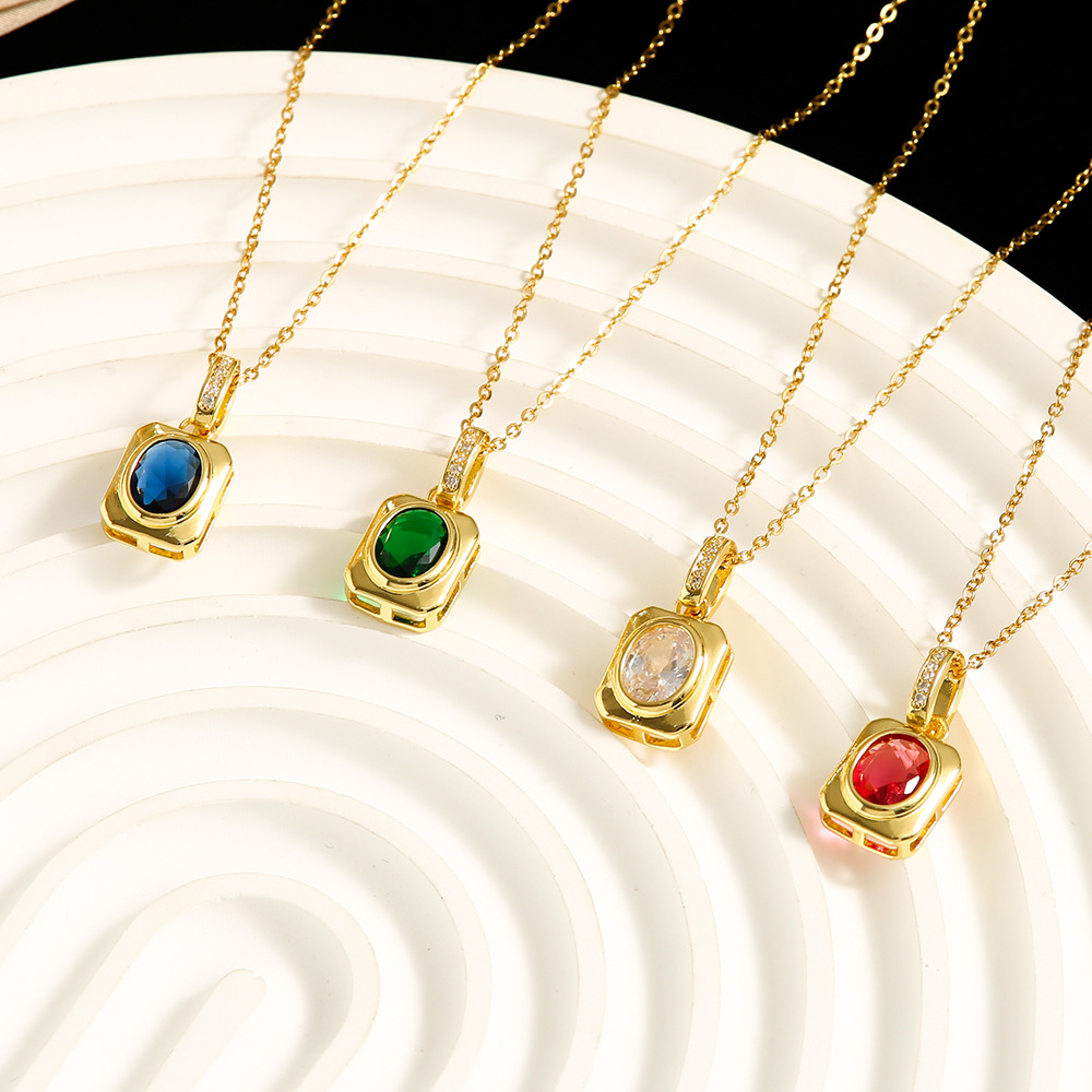 跨境 女士圆锆石吊坠 方形项链女士时尚流行百搭锁骨链毛衣链批发