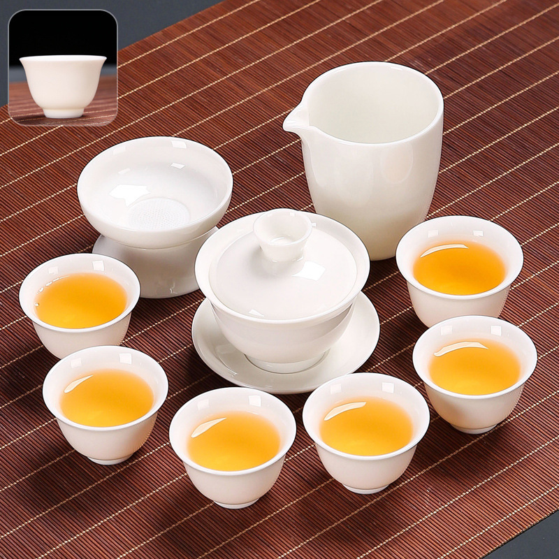 White Jade Kung Fu Tea Set Home Living Room Office Light Luxury Tea High-End Gift Box Cover Teacup Set