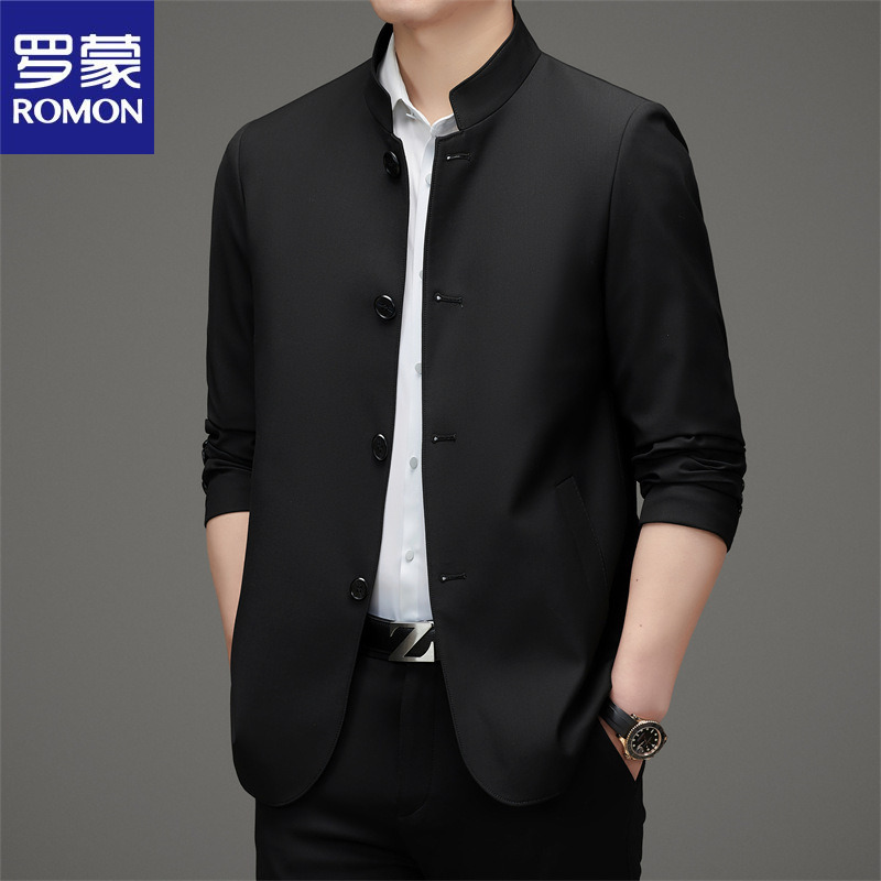 罗蒙中年男士中山服春秋商务休闲外套单排扣立领纯色夹克衫男