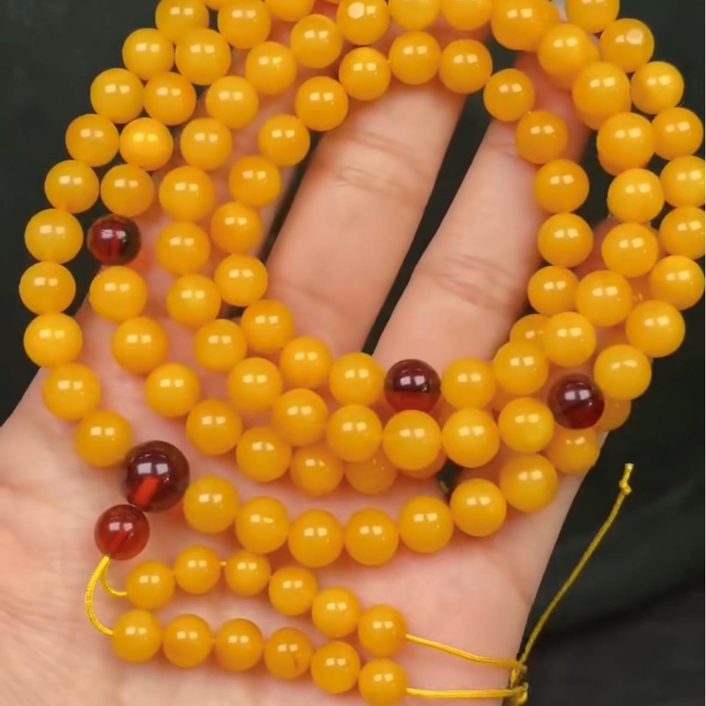 天然老蜜蜡108佛珠批发 三圈手链满蜜 蜡质浓郁 全品三无尺寸6.