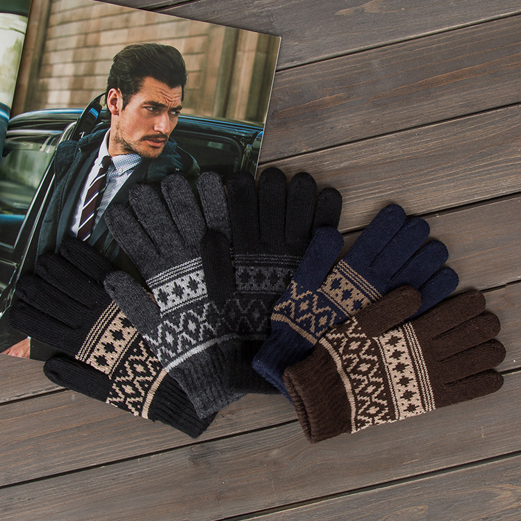 Winter New Men's Cold-Proof Warm Gloves Cycling Fleece-Lined Wool Knitted Full Finger Jacquard Stall Supply Wholesale