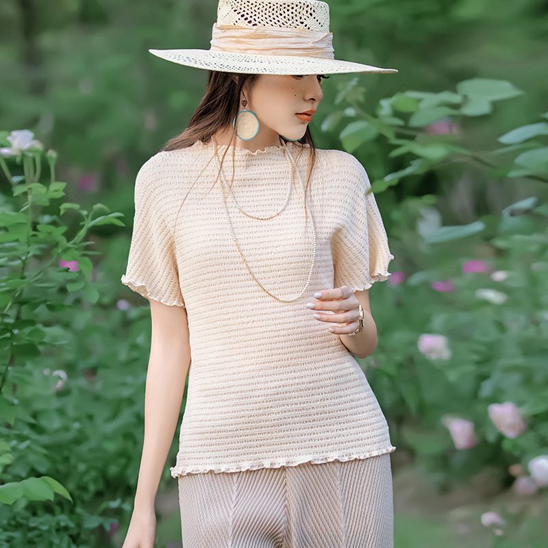 插肩短袖t恤女夏季南油高端褶皱凹凸花边连立领甜美