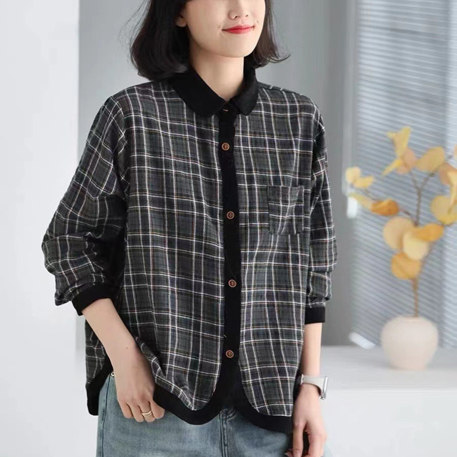 古咖服饰春季文艺棉麻格纹衬衫女式撞色翻领休闲宽松显瘦格子衬衣