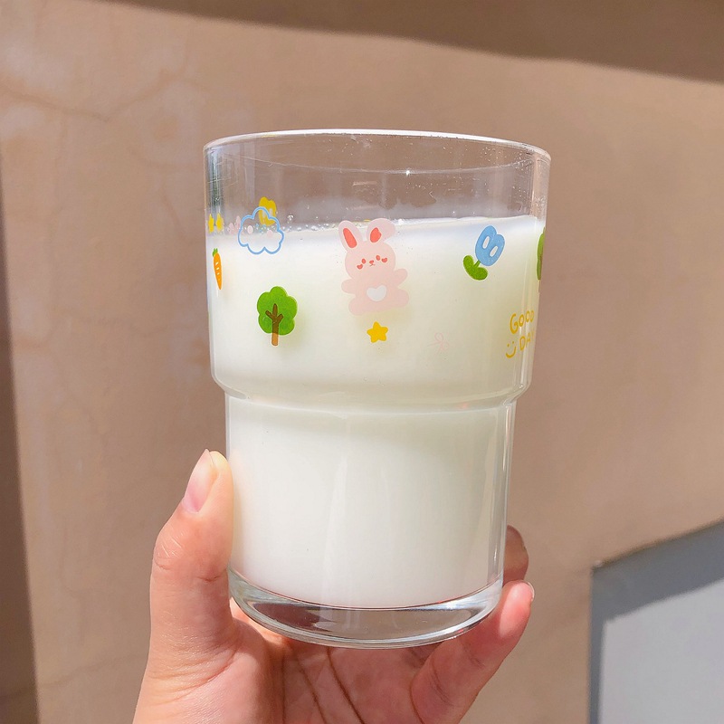 Cartoon Glass Cup Girly Heart Milky Tea Cup Large Capacity Juice Cup Milk Cup Student Water Cup Cup with Straw