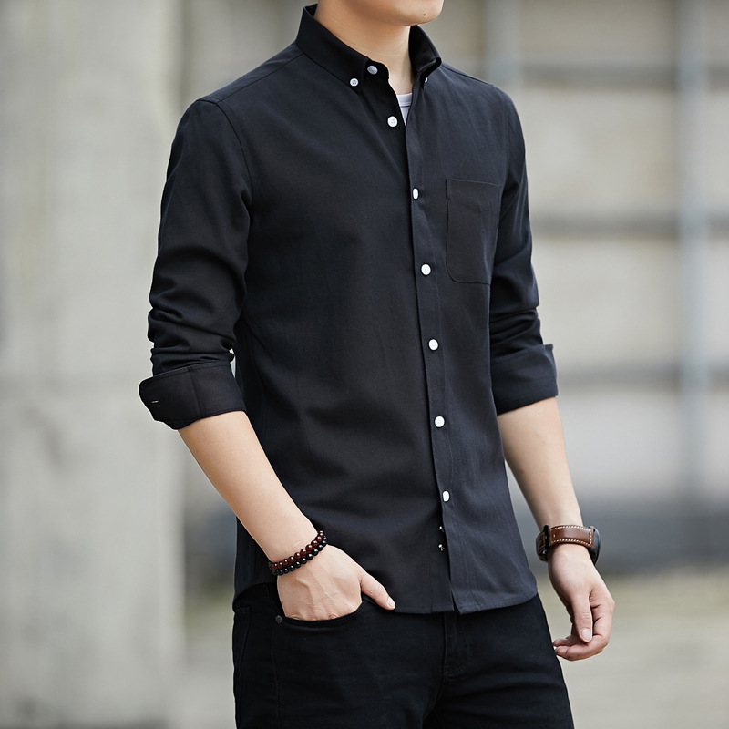   New Men's ong-Sleeved Shirt Men's Oxford Casual Shirt Men's Slim Korean Style Solid Color Shirt