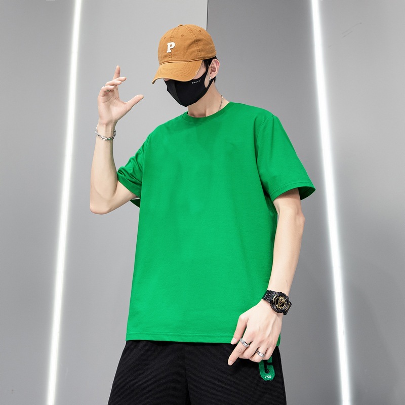 绿色短袖t恤男士五分袖韩版潮流体恤ins夏季薄款宽松半袖上衣服潮