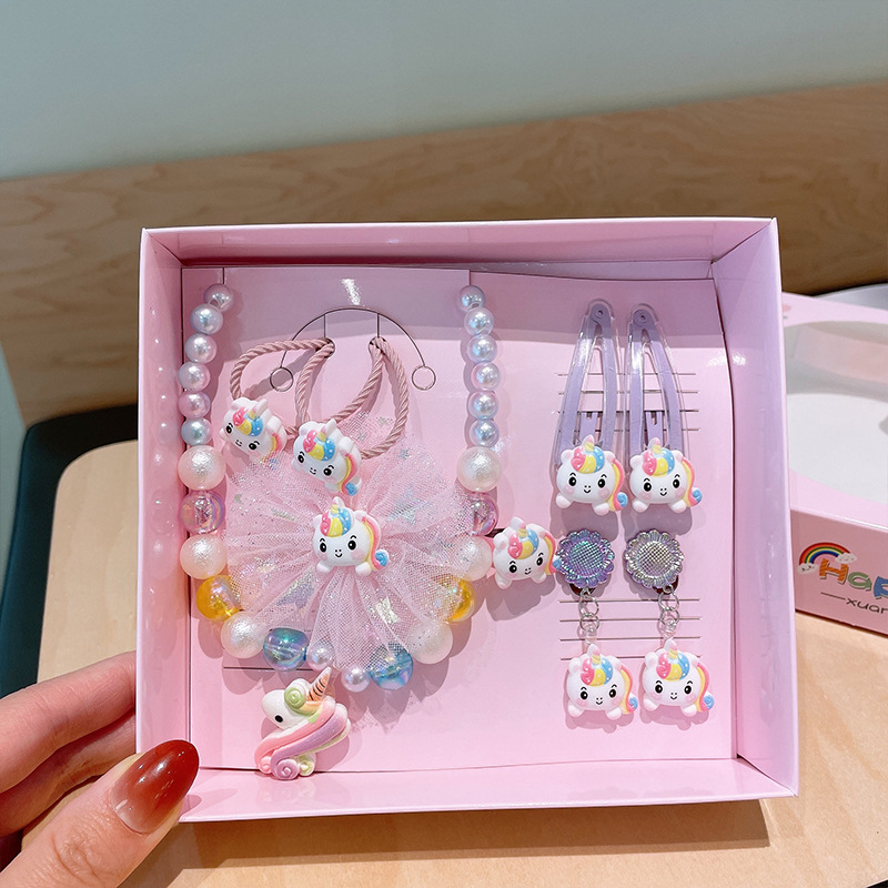 Children's Ornaments Gift Set Little Girl Hair Accessories Jewelry Birthday Gift Princess Necklace Earrings Portable Box Wholesale