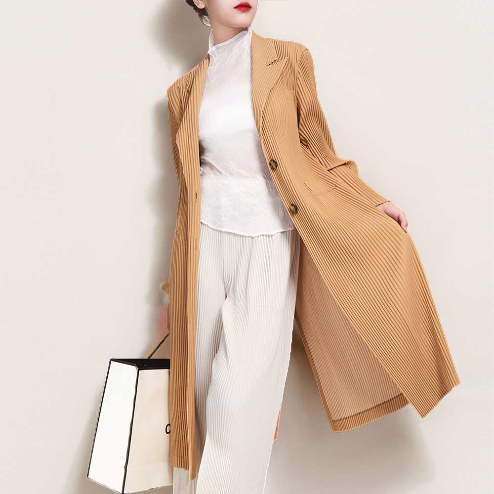 褶皱风衣外套女装中长款针织开衫三宅宽松显瘦西装领大衣女款高端