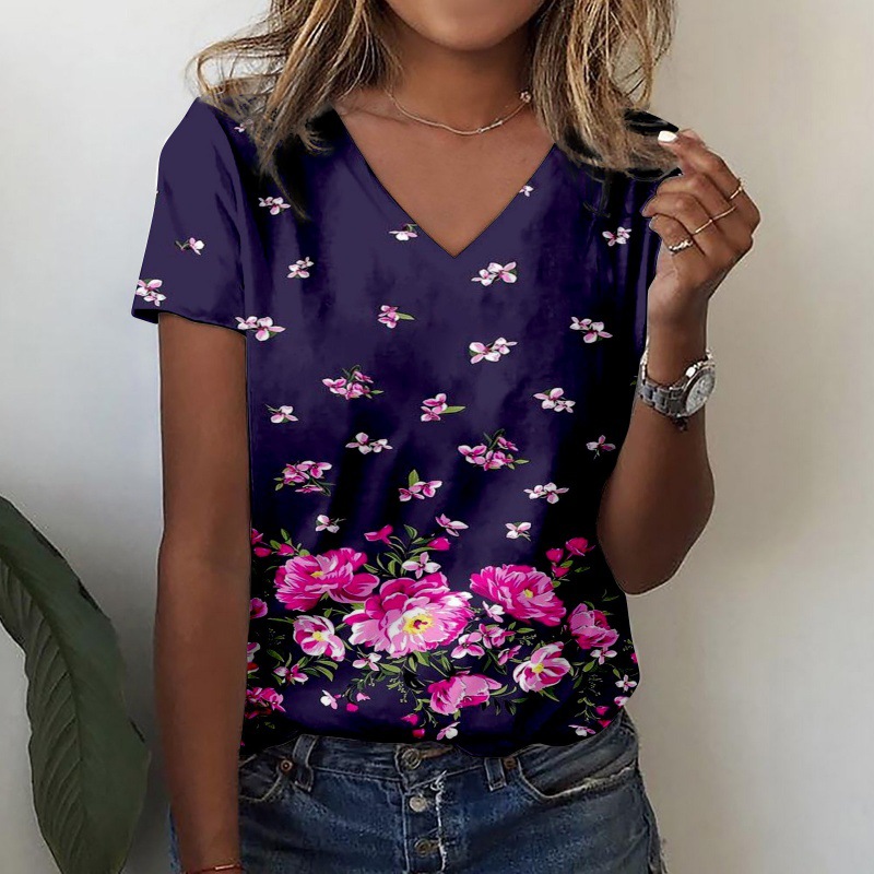 2023跨境亚马逊欧美夏季新款花卉3d印花休闲v领女装T恤短袖