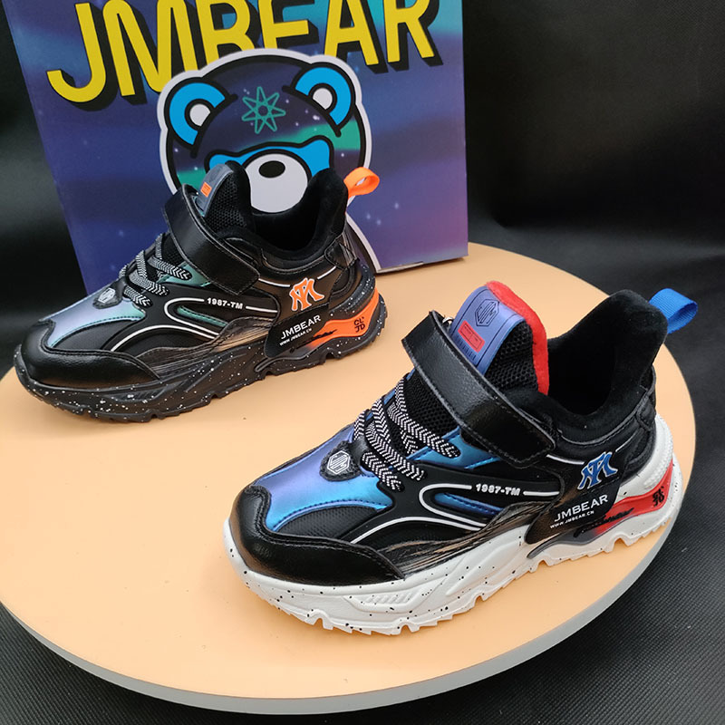 专卖店杰米熊童鞋冬季加绒男童6-12岁轻便魔术贴学生跑步运动鞋