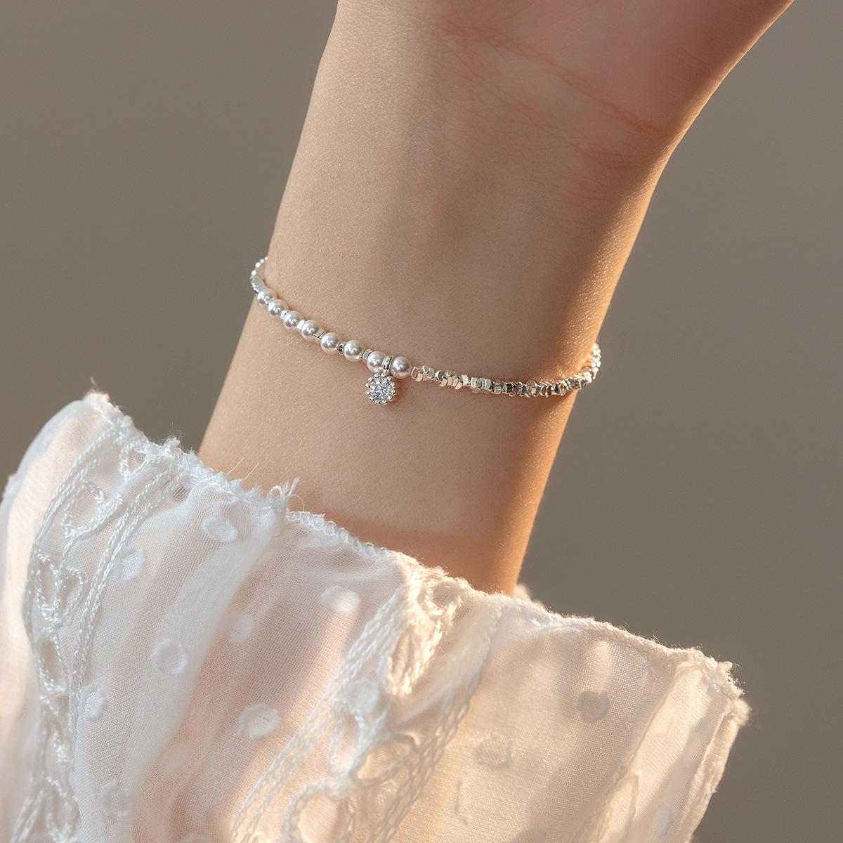 925银电镀碎银子珍珠手链手工diy镶锆石手串带延长尾链手环c0771