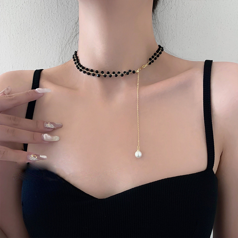 Light Luxury High-Grade Black Crystal Pearl Necklace Female Summer Niche Design Necklace Internet Celebrity Temperament Clavicle Chain Necklace