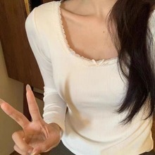 春秋季德绒保暖拼接蕾丝纯色打底衫女装韩版修身显瘦长袖T恤上衣