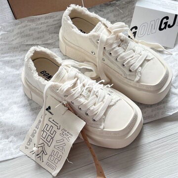 美拉德方头厚底帆布鞋2024春季新款港风大头小白鞋校园百搭休闲鞋