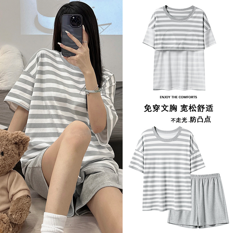 2023 Short Sleeve Pajamas Women's Summer Thin Cotton Home Wear with Chest Pad Nipple Coverage Suitable for Daily Wear Suit Cross-Border