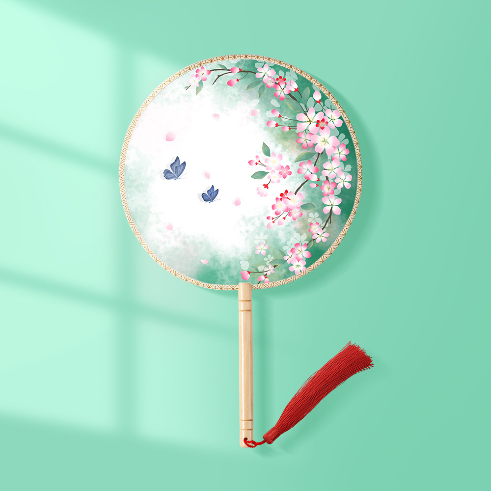 团扇古风扇子儿童夏双面长柄舞蹈扇女古装汉服旗袍中国风随身圆扇