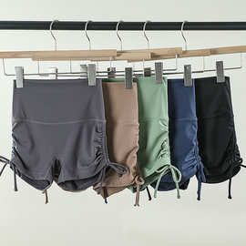 新款裸感瑜伽短裤褶皱抽绳健身短裤无尴尬线运动骑行蜜桃短裤夏季