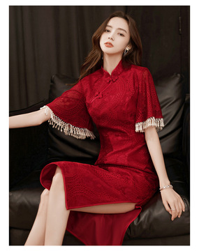 旗袍敬酒服新娘女酒红色蕾丝结婚订婚回门小礼服连衣裙平时可穿