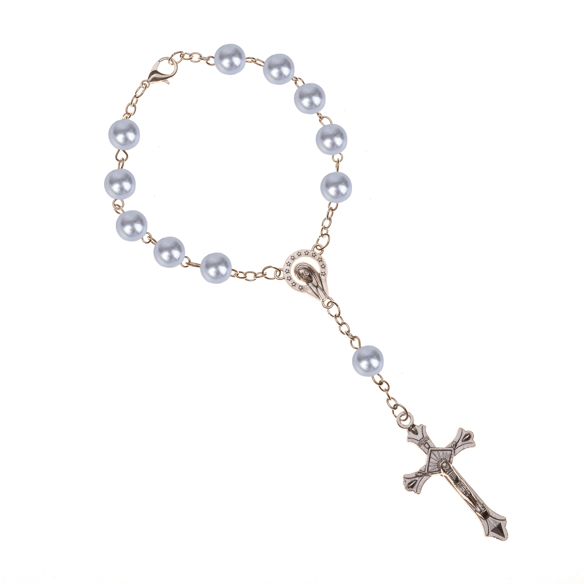 配饰 天主教念珠手链 白色仿珍珠基督十字架耶稣圣母手链