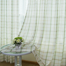 F26T麻纱纱帘绿格子窗帘地中海处理遮光轻薄薄款不透窗纱短款