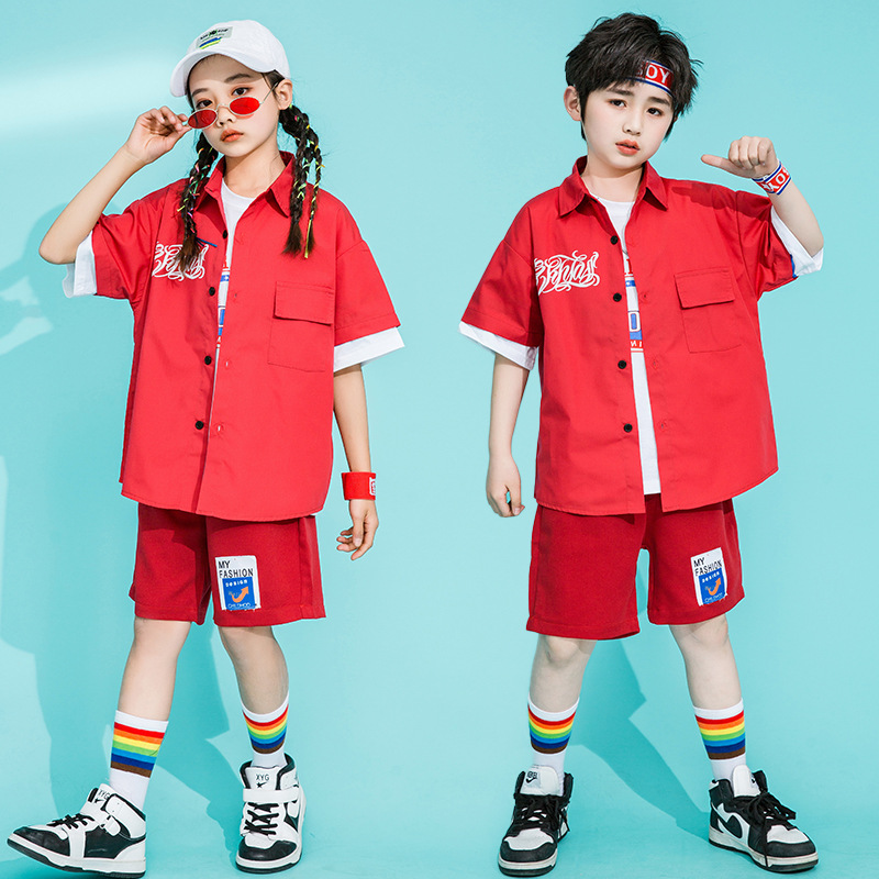 儿童啦啦队演出服红色街舞潮服幼儿园小学生运动会开幕式入场服装