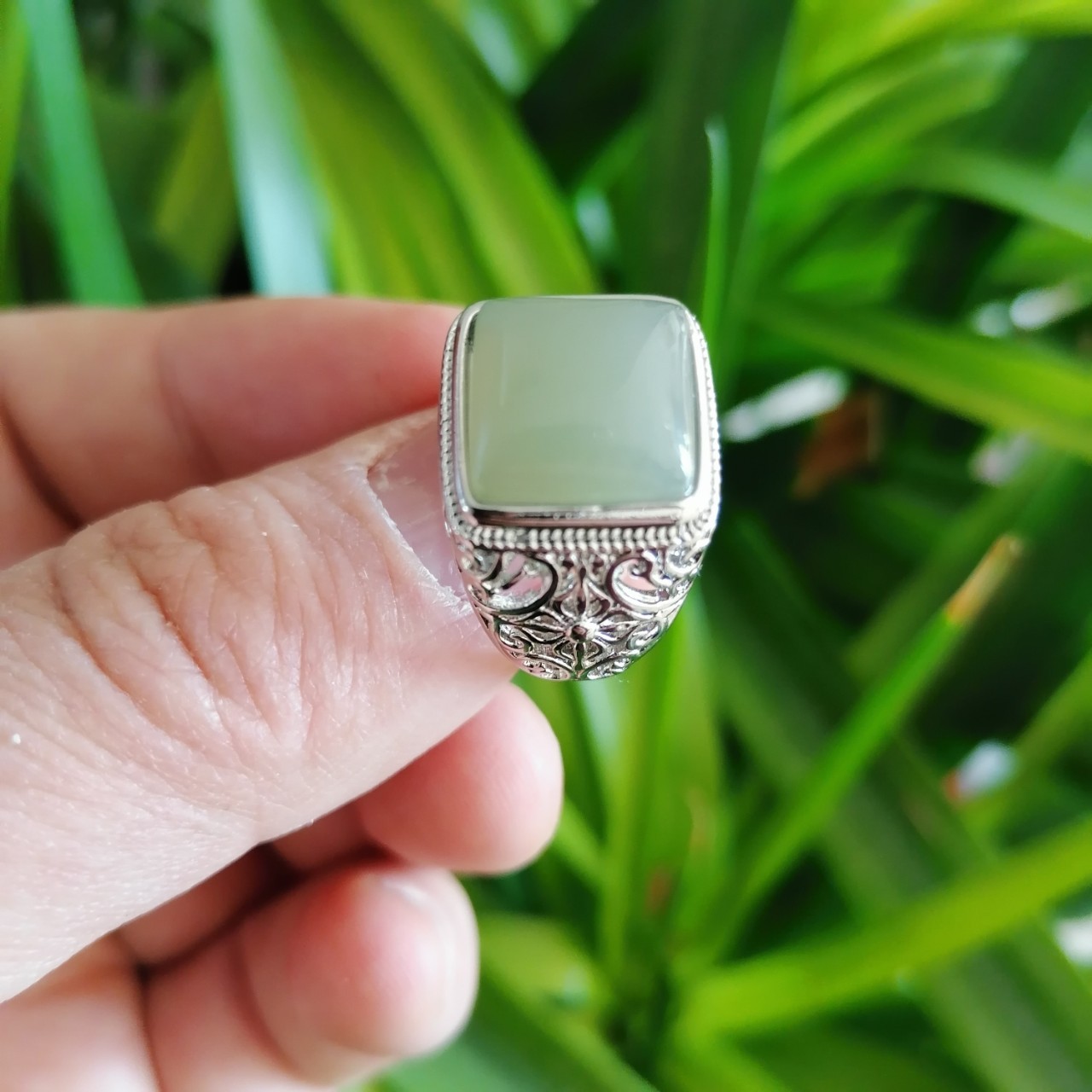 批发s925银镶嵌和田玉戒指白玉男士戒指正方形戒面活口男戒