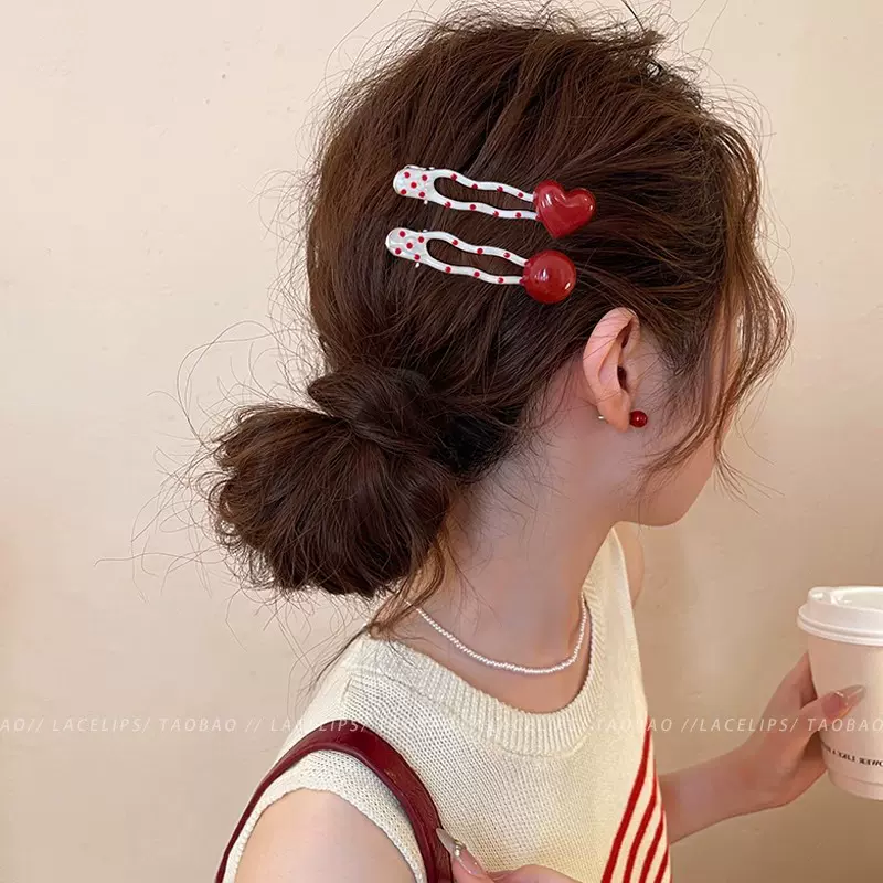 复古安可拉红爱心波点发夹侧边刘海前额甜美少女鸭嘴夹子头饰发饰